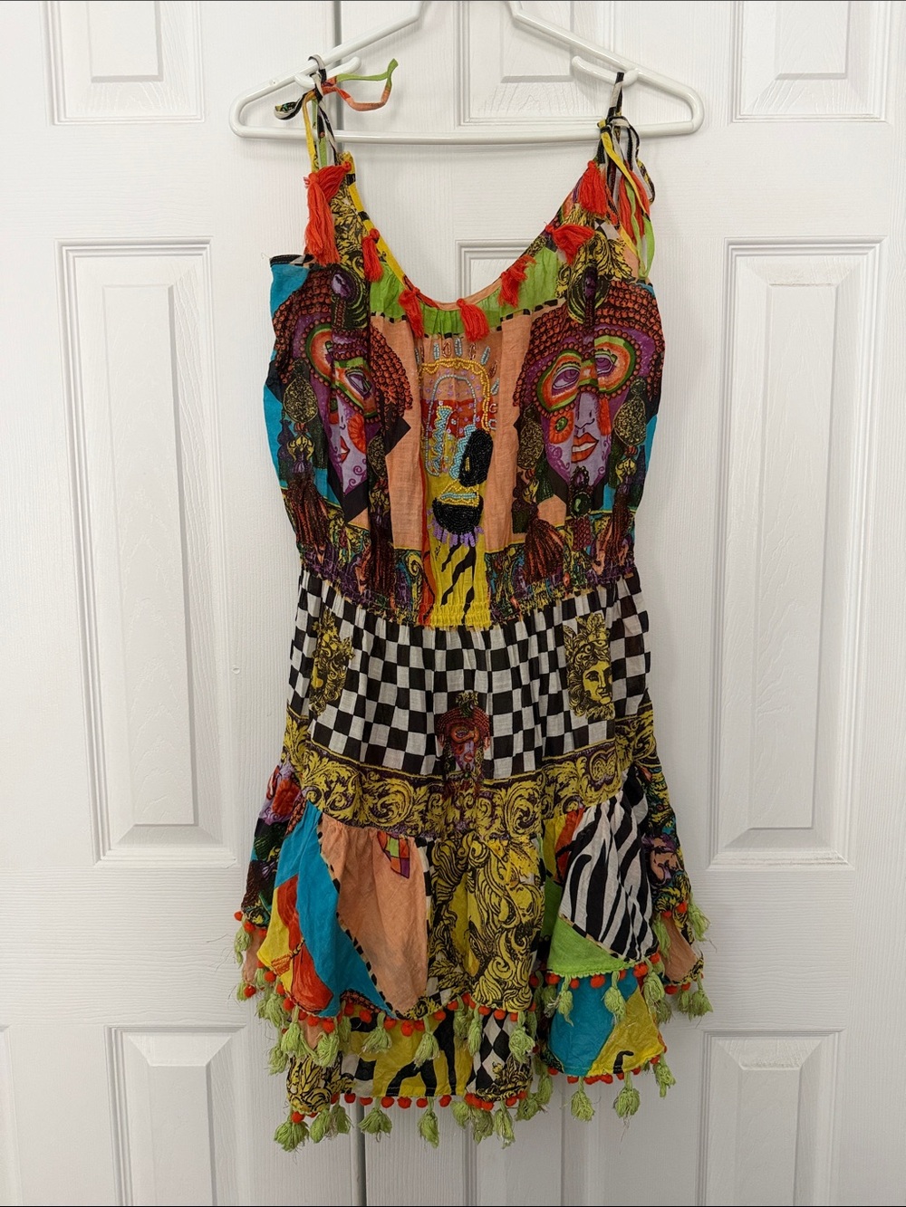 Colorful Patchwork Mini Dress with Beading and Tassel Details